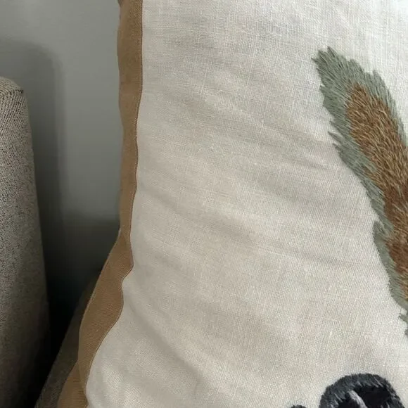 Kuk-May Rare feather Hand Embroidered Linen 20” pillows with down inserts